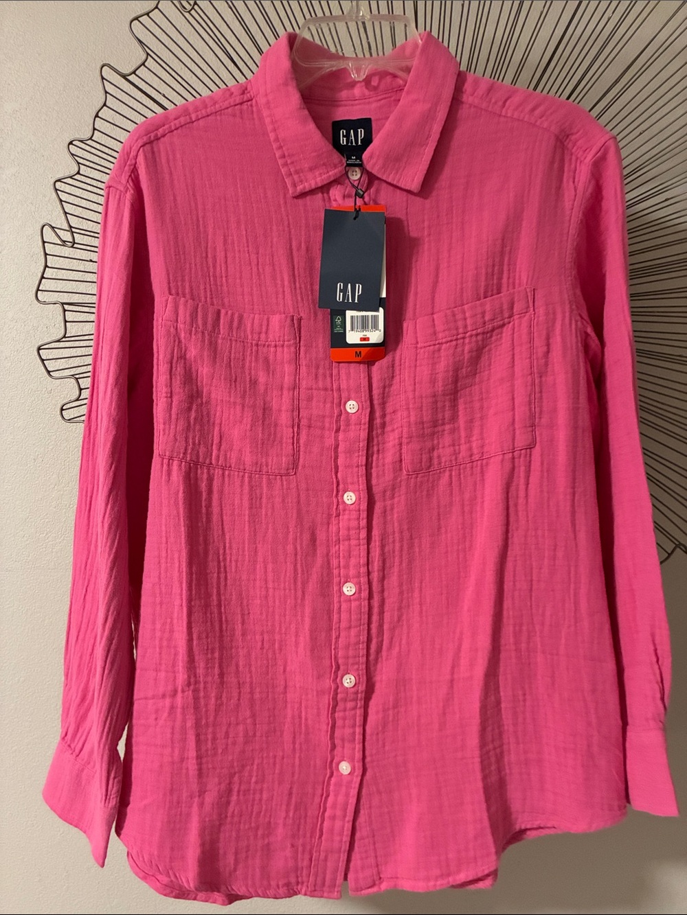 GAP Long Sleeve Crinkle Gauze Shirt, Deep Pink, Size M, NWT